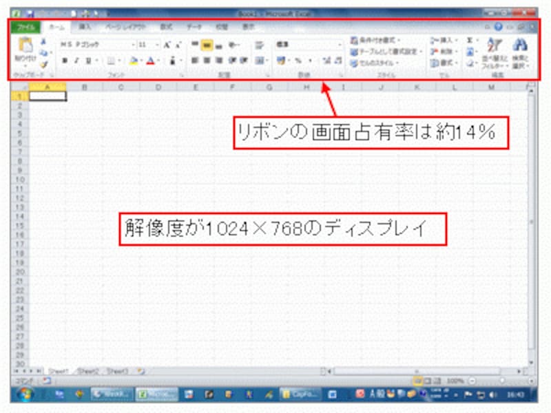 1024×768のディスプレイにおけるリボンの画面占有率