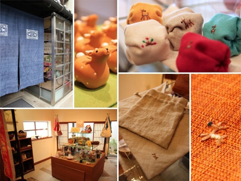 遊中川本店。鹿の刺繍をあしらったお手玉、鹿みくじ、鹿飾りなど