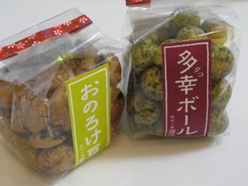「おのろけ豆」豆千代(75g入210円)「多幸ボール」豆千代(70g入210円)結婚式に引っ張りだこ。