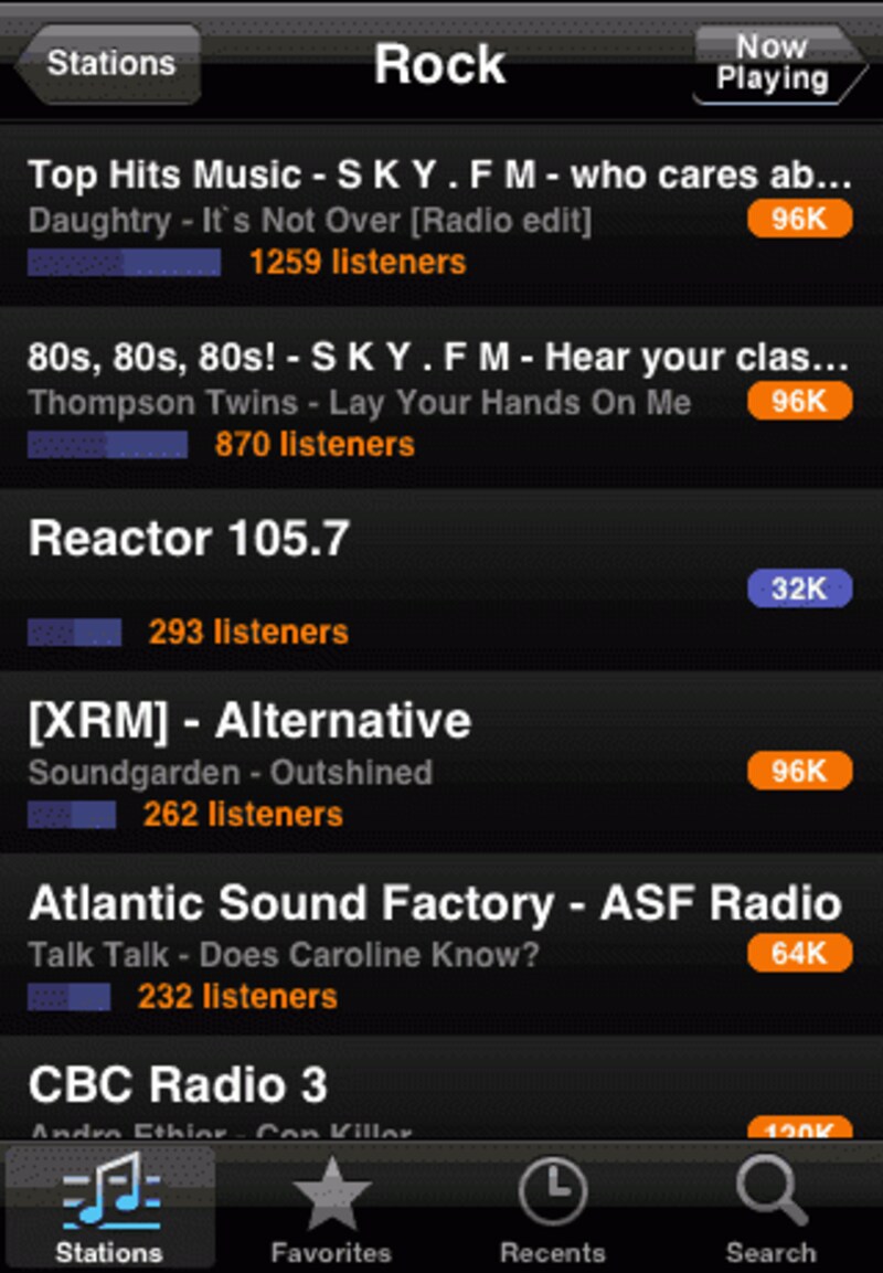 ジャンルで「ROCK」を選んだ時のステーションリスト。