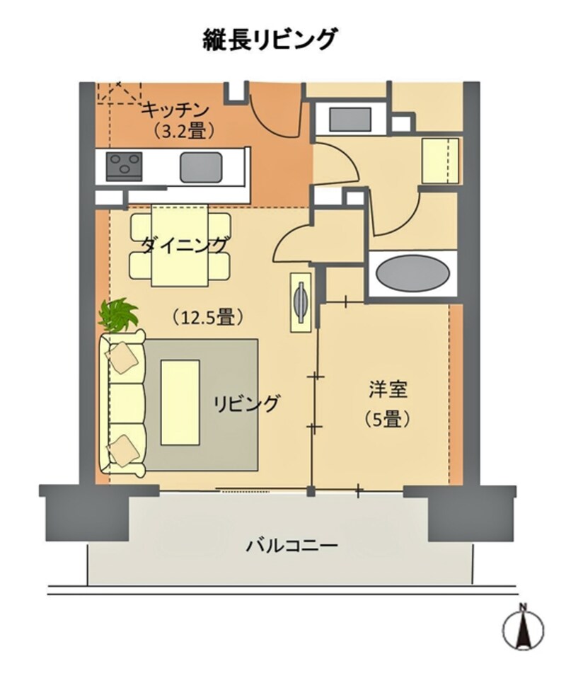 【図2】マンション中住戸の縦長リビングの例。
