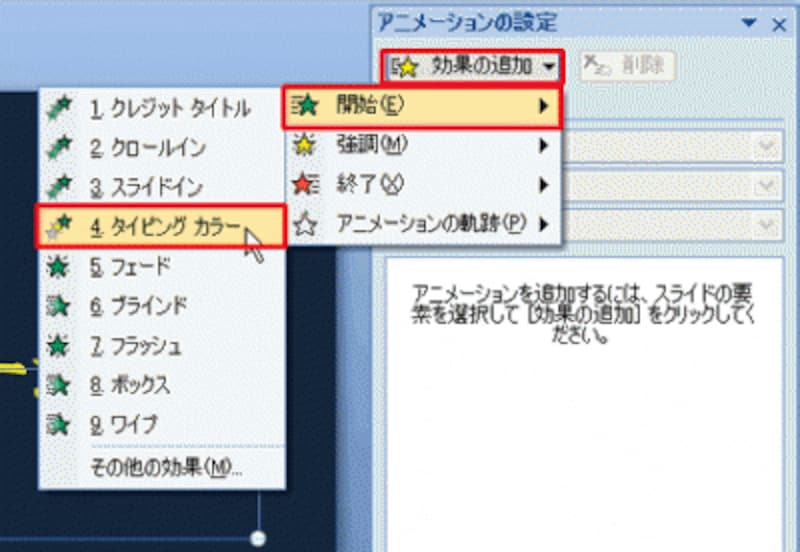 文字がスライドに表示するときの動きは「開始」のアニメーションで設定する