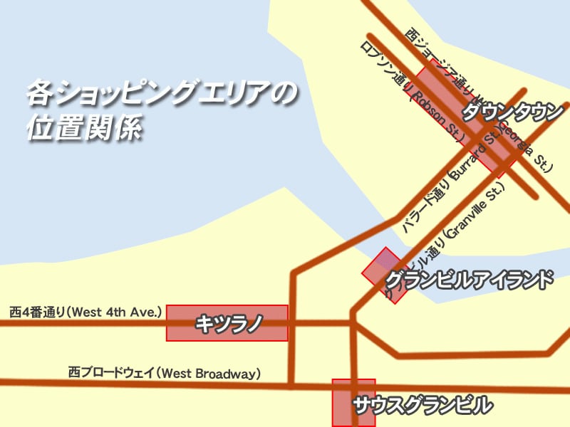 今回取り上げるバンクーバーのショッピングスポットの位置関係
