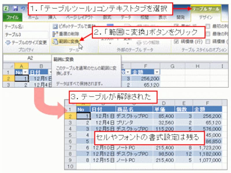 「範囲に変換」ボタンをクリック