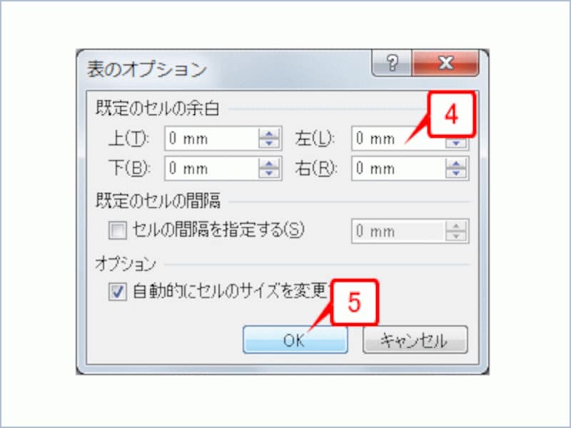 表のオプション］ダイアログボックスが表示されたら、［左］と［右］を「0mm」して［OK］ボタンをクリックし、もとのダイアログボックスに戻ったら［OK］ボタンをクリックします