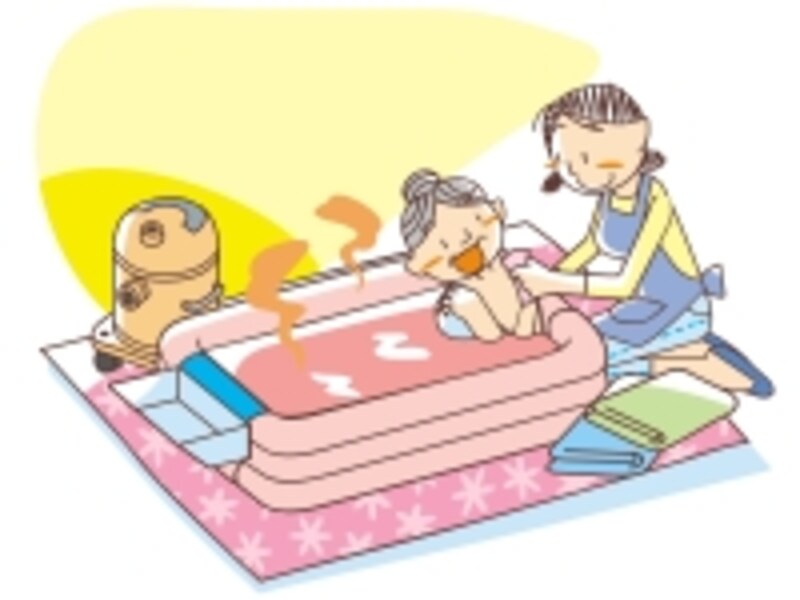 訪問入浴介護では、居室内に簡易浴槽を持ち込んで、スタッフ3人が入浴介助を行ってくれます