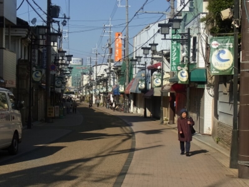 岸和田駅前通り商店街、遠くに岸和田カンカンが見える