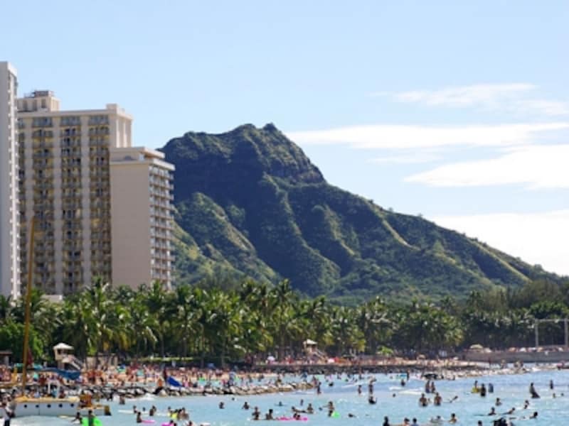 いつも褐色のダイヤモンドヘッドも、雨季には草木が茂り緑色に