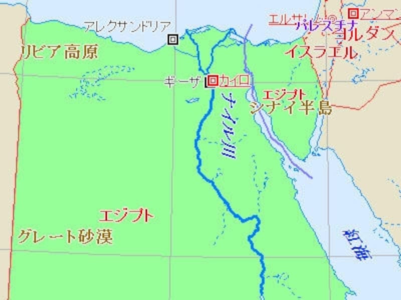エジプトの地図。主な都市はナイル川流域に集中している。