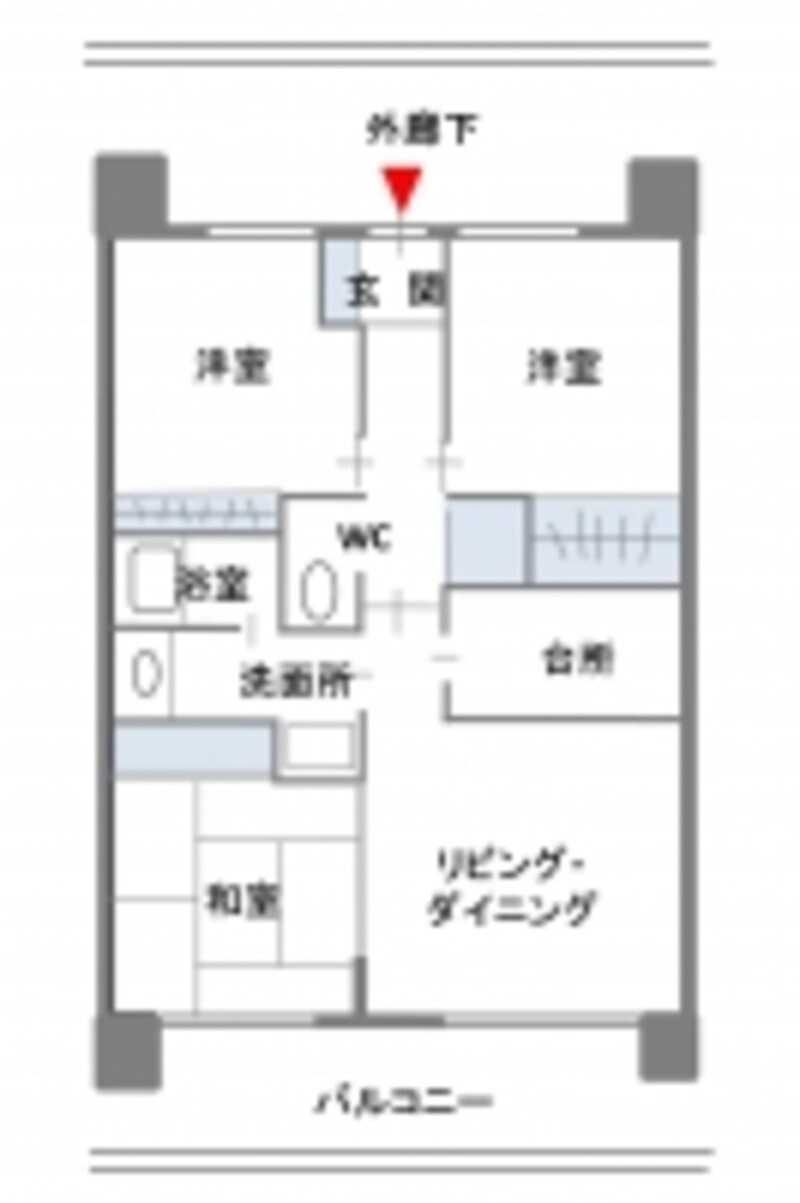 マンションで標準的な3LDK、専有面積70m2の間取り例
