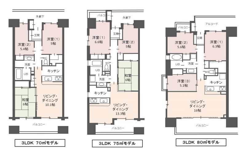 【図1】70m2、75m2、80m2のマンションの間取り例（クリックで拡大）。