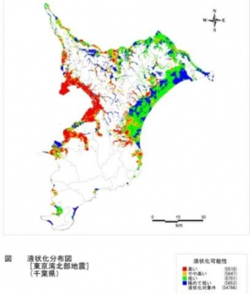 東京湾北部地震の液状化危険度予測図(出典:平成19年度千葉県地震被害想定調査