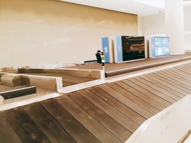 人がごったがえす荷物の受け取り台。側面中央から荷物が下りてくることで、混雑も緩和される