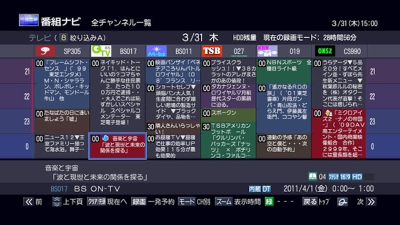 番組表もジャンルによって色分けされていて見やすい(画像クリックで拡大表示)