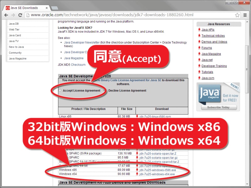 使用環境に合ったJDKセットアップファイルを選択