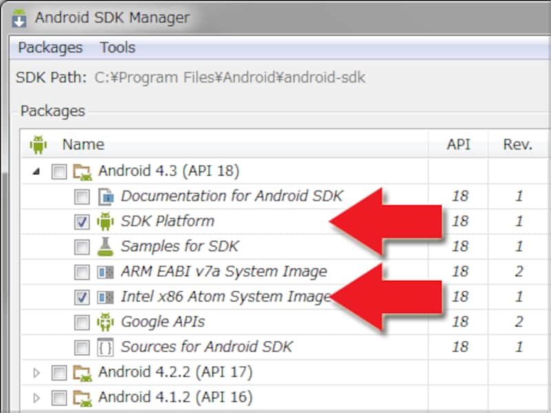 「SDK Platform」と、「System Image」のみ必須