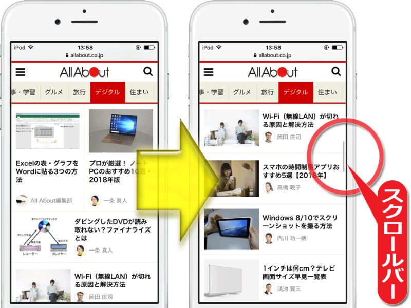 スクロール可能でもスクロールバーは表示されておらず(図の左側)、ユーザがスクロール操作をしている最中にだけ細いスクロールバーが現れる仕様(図の右側)