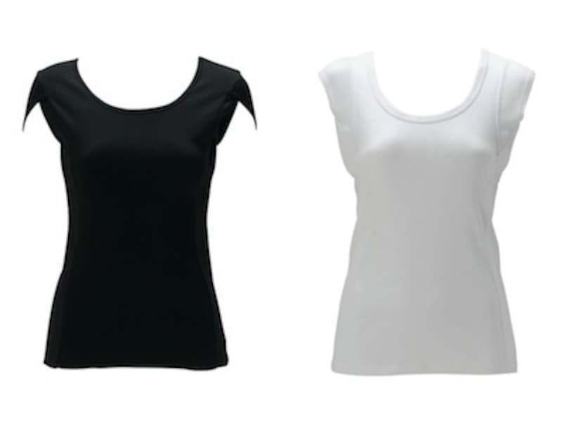 美腕スリーブTシャツ（参考商品）undefinedカラー：クールブラックundefinedサイズ：S.M.Lundefined素材：綿100％undefined価格：1575円 ／小顔フレンチTシャツundefinedカラー：ピュアホワイトundefinedサイズ：S.M.Lundefined素材：綿100％undefined価格：1575円