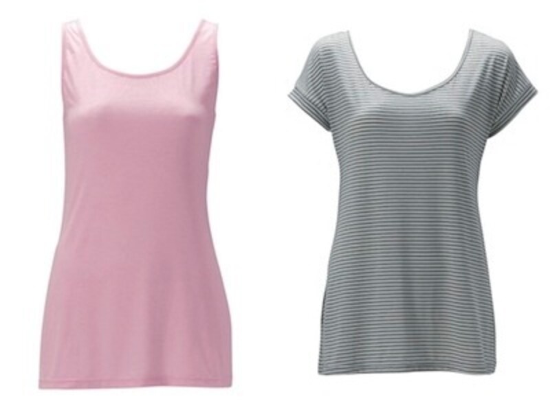 肌さらロングタンク（参考商品）undefinedカラー：桜ピンクundefinedサイズ：S.M.Lundefined素材：レーヨン68％undefinedポリエステル29％undefinedポリウレタン３％undefined価格：1365円／肌さらフレンチチュニックundefinedカラー：杢グレーボーダーundefinedサイズ：S.M.Lundefined素材： ポリエステル60％undefinedレーヨン35％undefinedポリウレタン5％undefined価格：1575円