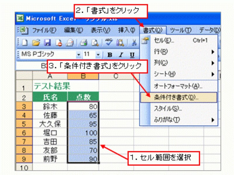 「書式」→「条件付き書式」をクリック