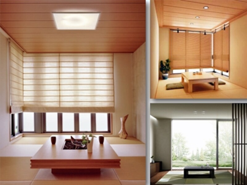 天井にスッキリ納まる照明ならリビングから続く和室もまとめやすい[左：高さ10cm以下のシーリング照明/パナソニック、右上：ダウンライト/コイズミ照明、右下：/パナソニック]