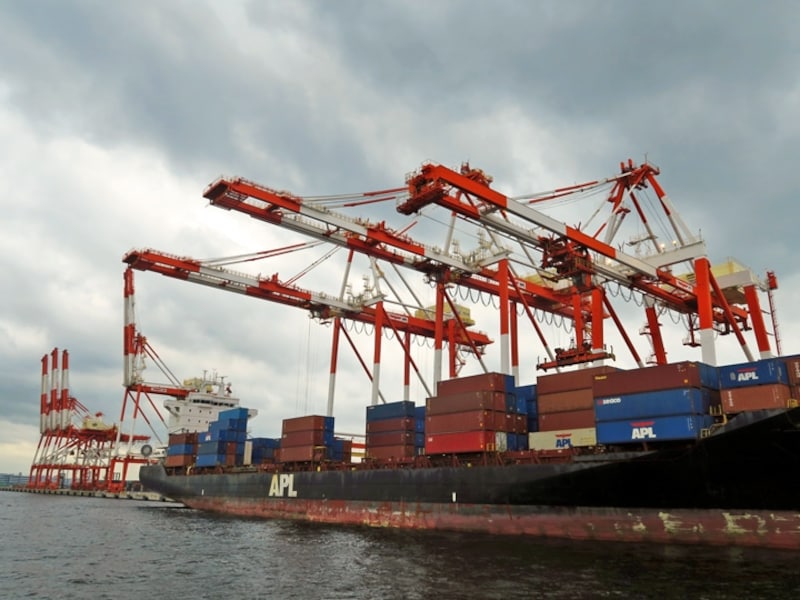 キリンのようなガントリークレーンが並ぶ「産業エリア」。コンテナを運搬するようすが間近に見られます(2016年8月29日撮影)