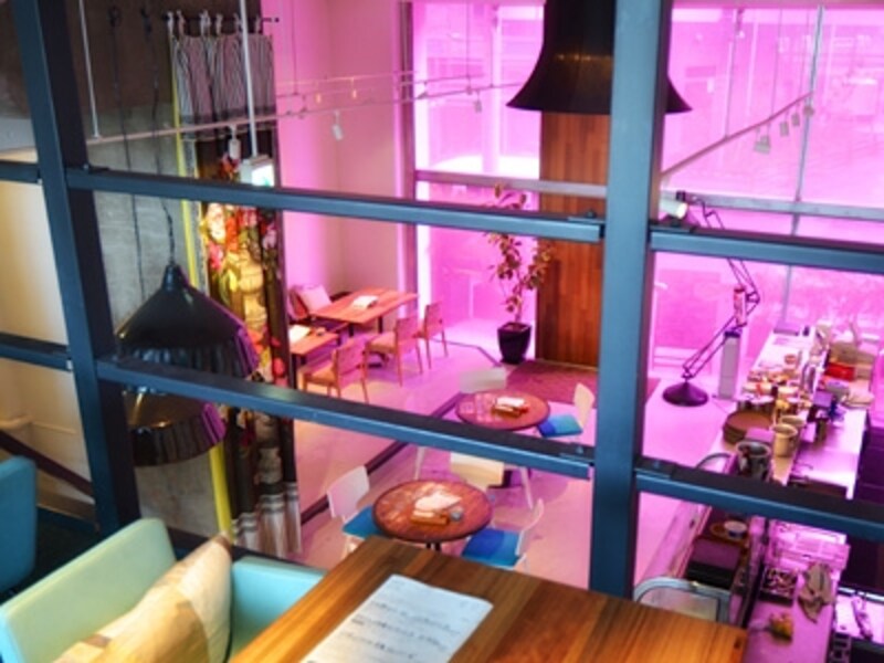 中2階ロフト席は喫煙エリア。ファサードのガラスが床や家具をローズピンクに染めているのが見下ろせます。