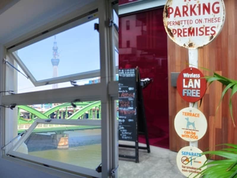 左：厩橋の向こうにそびえる新名所　右：ローズピンクが印象的なファサード