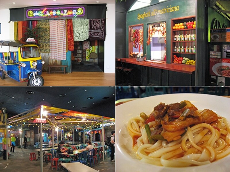左上:NOODLE BAZAARのエントランスundefined右上:8カ国8種類の麺料理が食べられますundefined左下:アジアのナイトマーケットをイメージした空間undefined右下:カザフスタンのラグマン(300円)