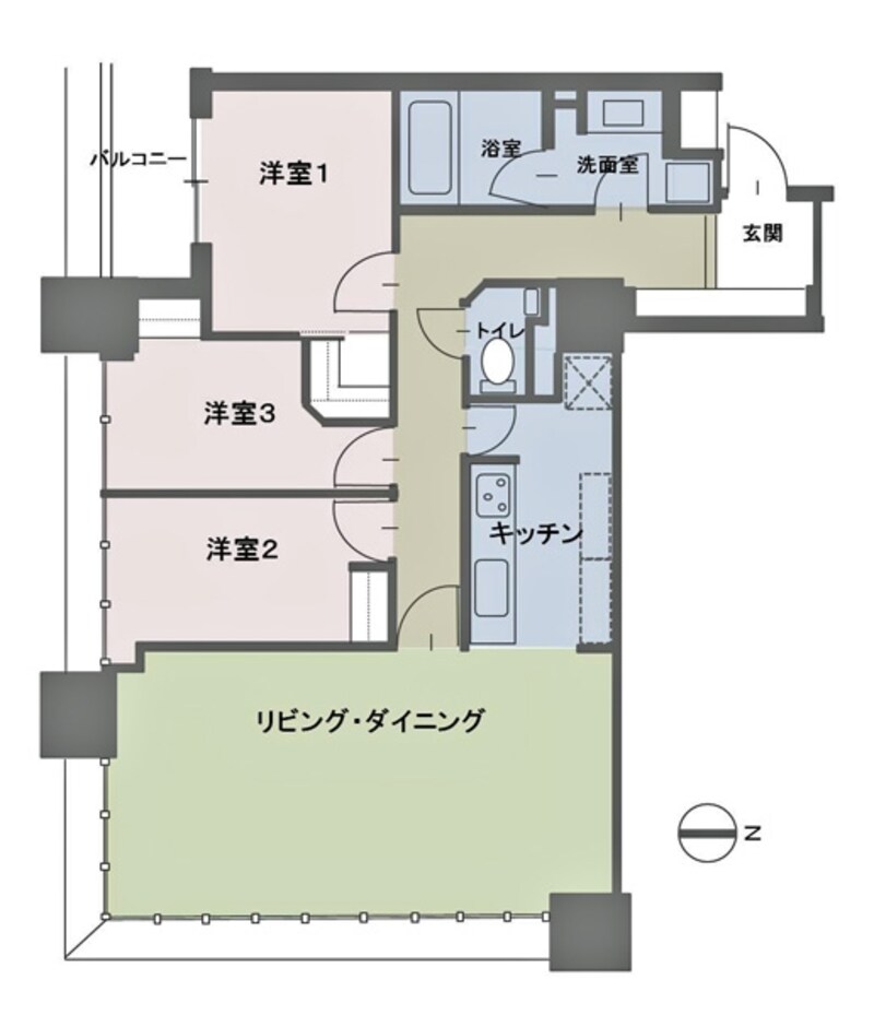 【図1】タワーマンションの間取りの例。リビング・ダイニングの開放的な窓に注目（クリックで拡大）