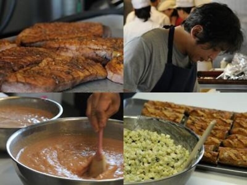 左上から時計回りに、鴨胸肉のロースト、料理の仕上げ中の西山シェフ、フルム  ダンベールとセロリのサラダ、桃のスープ