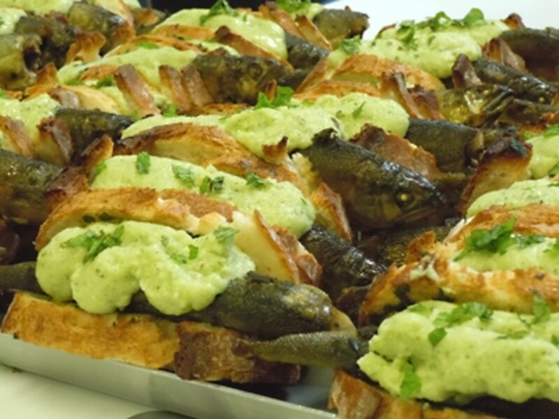 宮崎産アユのコンフィときゅうりのジュレundefinedミント風味を米粉のパンに