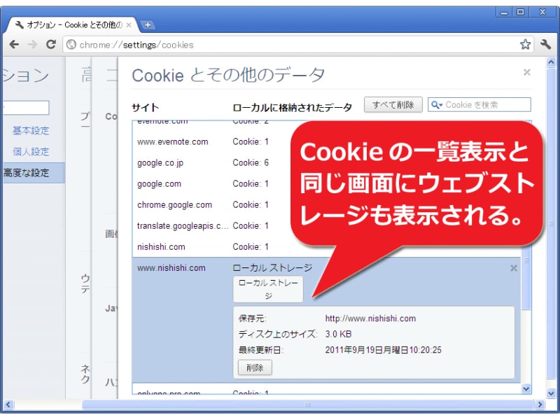 クッキーの一覧にウェブストレージも出る例