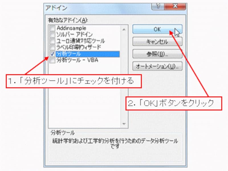 「分析ツール」にチェックを付けて「OK」ボタンをクリック