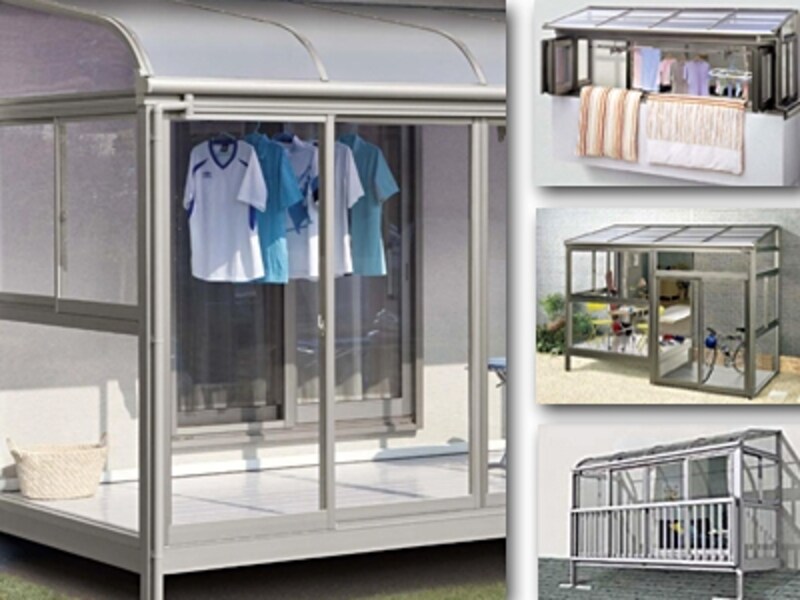 サンルームは半分だけ囲ったり、床の高さを土間に合わせたり室内の床に合わせたりと、自由度が高いのも魅力[サンクスペース/TOEX・LIXIL]