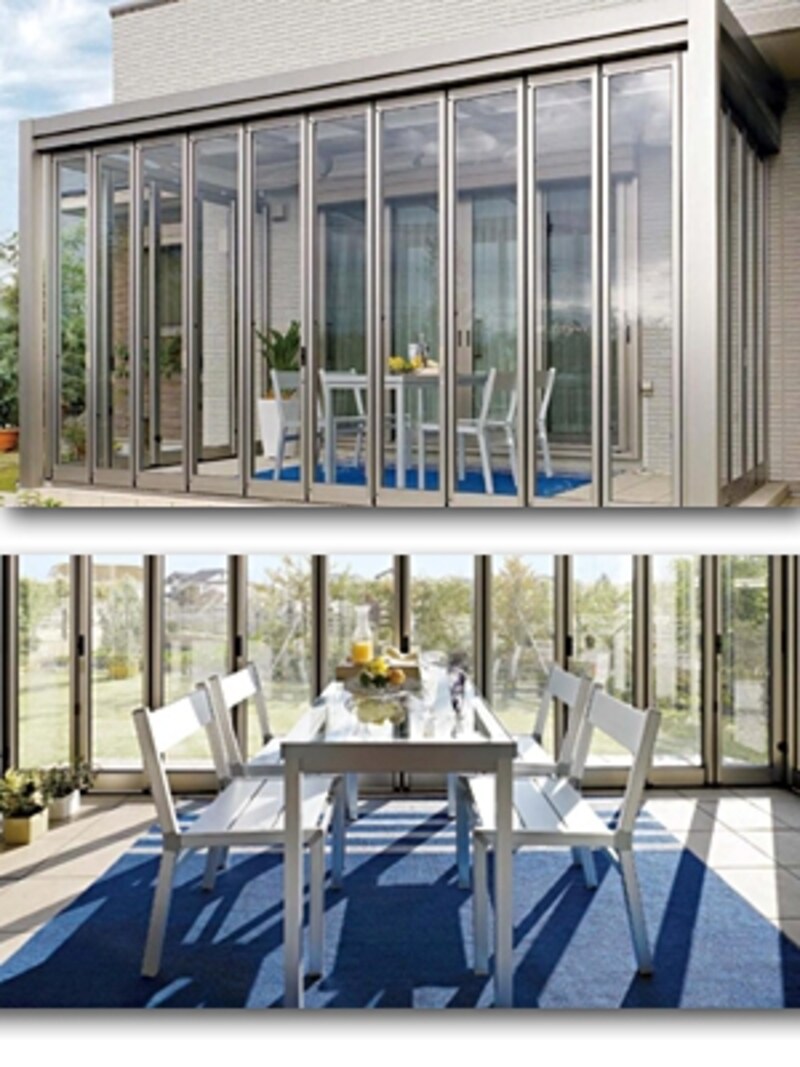 ドアを閉じておけば屋内とのつながりがより強くなり、リビングの延長として使える[ガーデンルーム/TOEX・LIXIL]