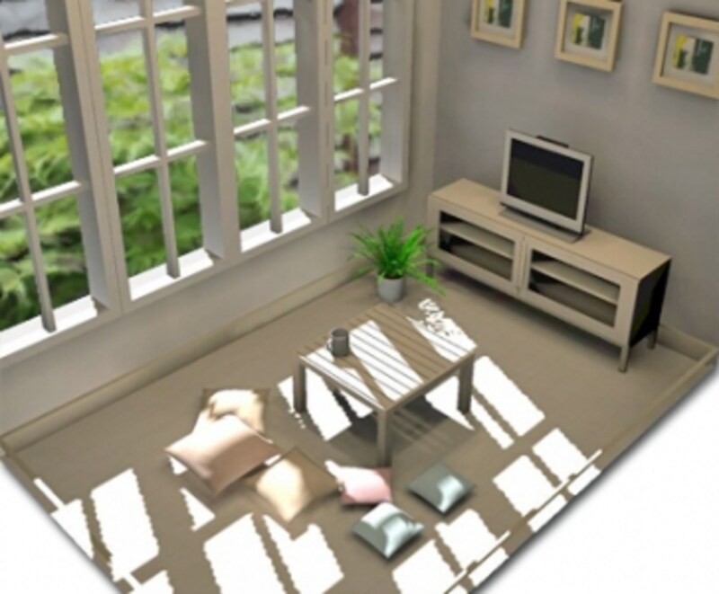 3畳にミニテーブルとテレビ台を置いた様子。小さくてもくつろげる空間を作ることができる [OfficeYuu]