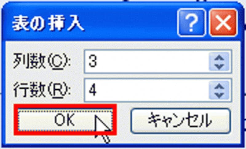 ここでは、3列4行の表を作成する。
