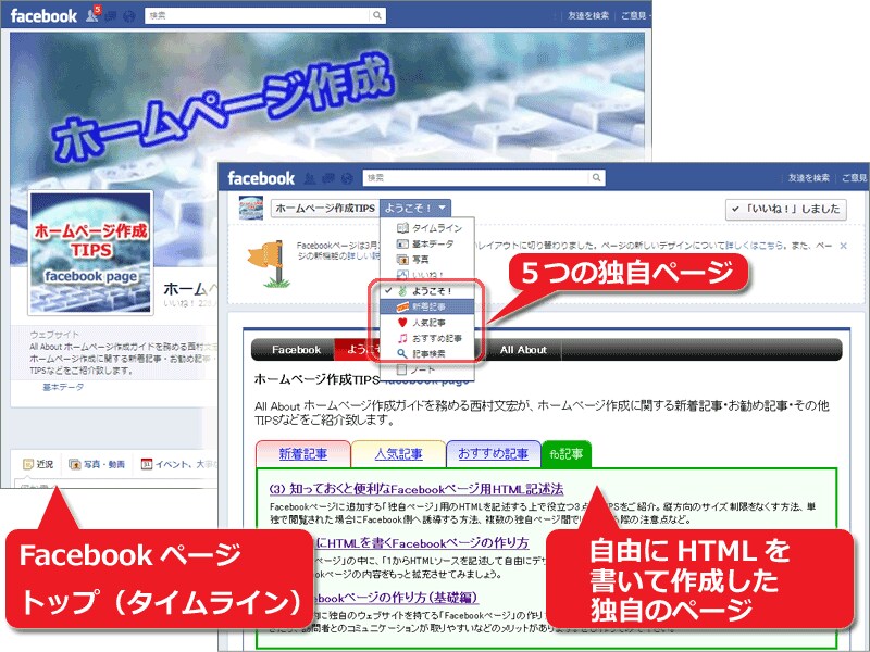 自由にHTMLを記述して作成したページを、Facebookページに追加した例