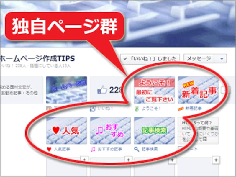 Facebookページに加えた「独自ページ」群(アプリの形で表示)