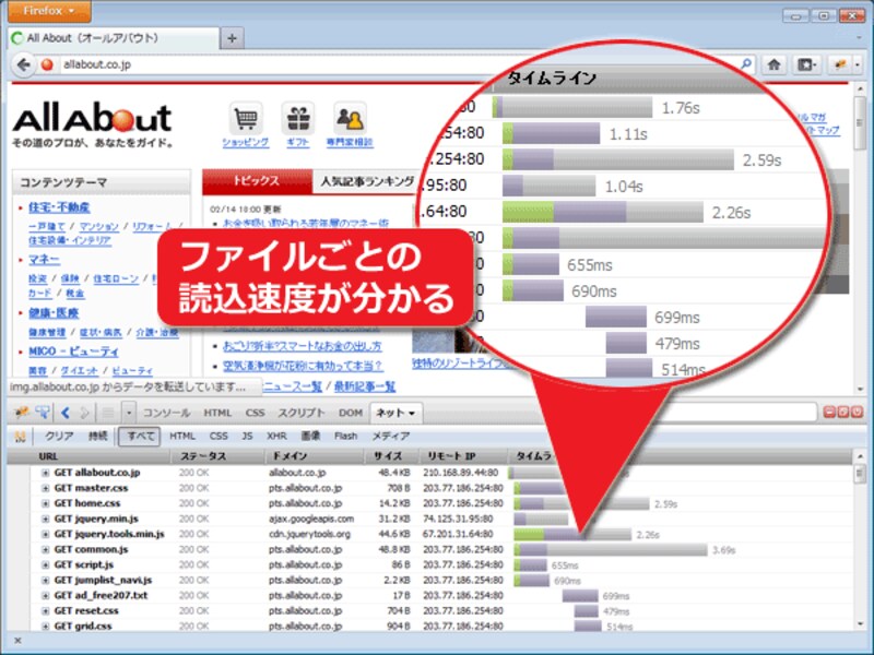ファイルごとの読込速度が見える「ネット」タブ