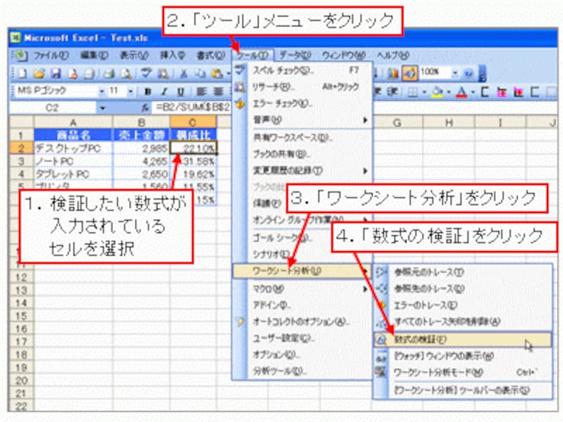 「ツール」メニュー→「ワークシート分析」→「数式の検証」をクリック