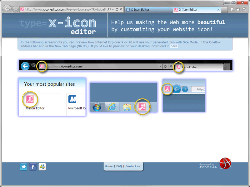 favicon.icoファイルとして保存する前に、ファビコンの使われ方を確認できるプレビュー機能