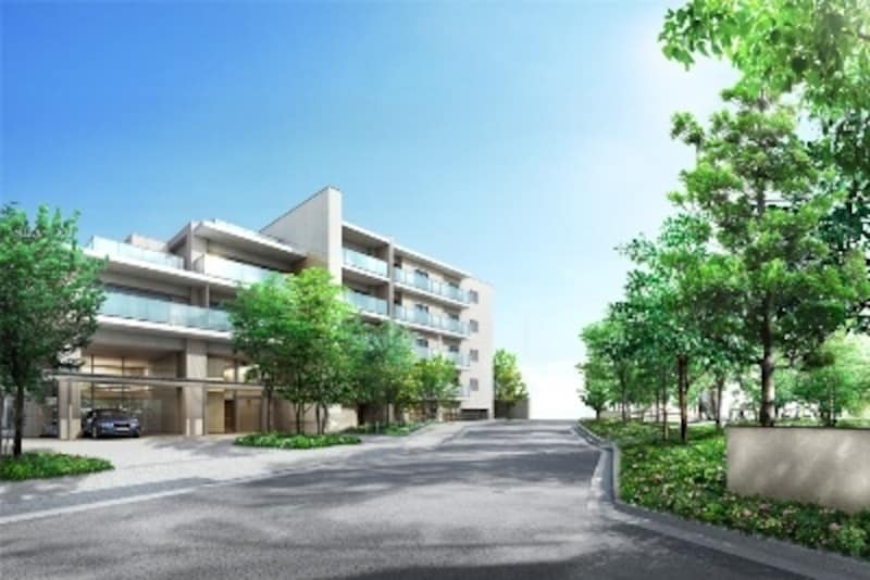 マンション・一戸建て両街区をつなぐメインストリートには豊富な緑が「外観完成予想CG」