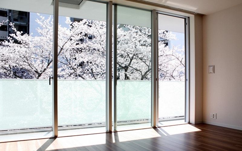 バルコニー越しに桜並木を望む