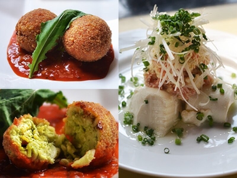 左：自家製マカロニチーズフライ～サルサソース（600円） 右：スモークサーモンと香味野菜の洋風冷奴（650円）