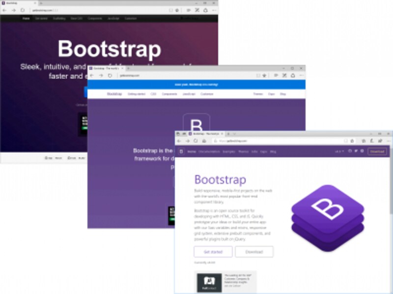 Bootstrapはバージョン別にウェブサイトがある (左上から順に、Bootstrap2、Bootstrap3、Bootstrap4用サイト)