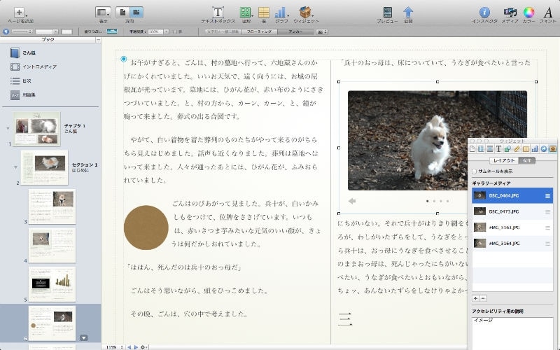 「ウィジェット」メニューから、複数の写真をスクロールして閲覧できる「ギャラリー」を挿入したところ