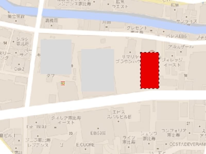 目的地の建物を赤く塗りつぶした