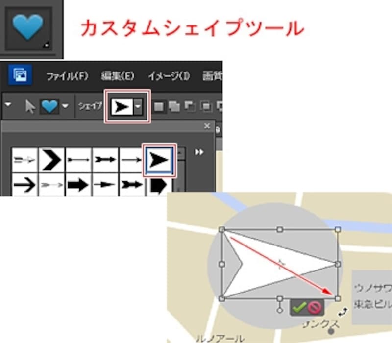 ［楕円形］ツールで円を描き［カスタムシェイプツール］で矢印を描く